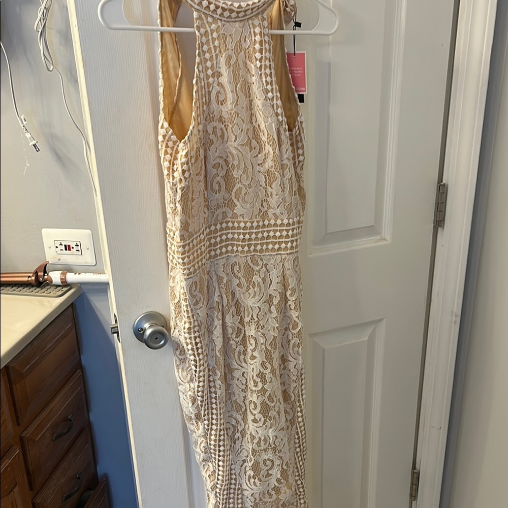 PrettyLittleThing Cream Gold Halter Sheath Dress